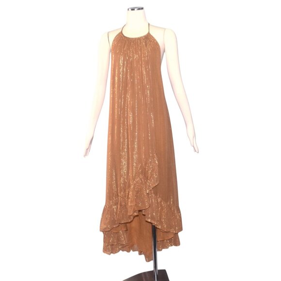 Sundress Alice Dress in Burnt Orange Marbella Desert Metallic Gold Stripe M L - Picture 2 of 6